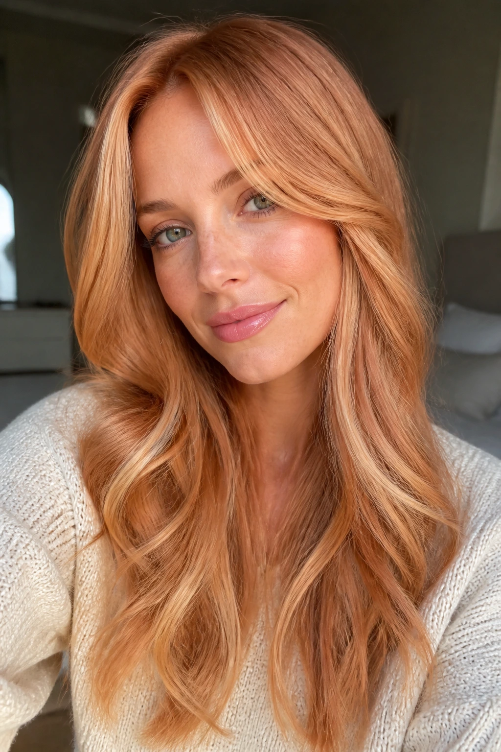 Real-life portrait of a woman with soft waves in strawberry blonde hair.