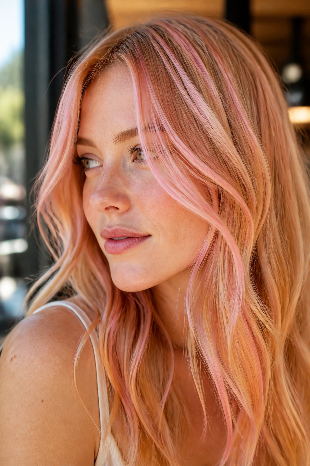 Close-up of a real woman with strawberry blonde and pink ribbons
