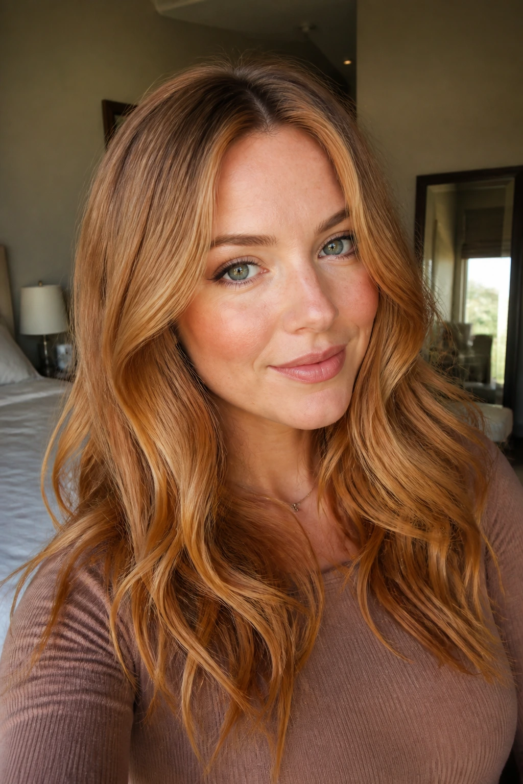 Close-up of a real woman with strawberry blonde hair and root depth