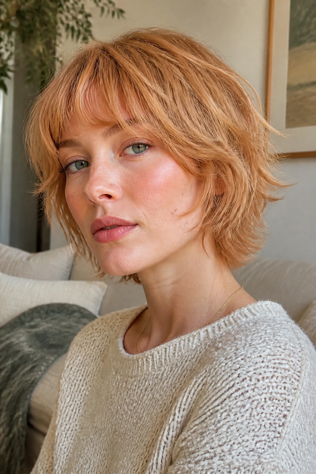 Real woman with strawberry blonde short shag in cozy natural light