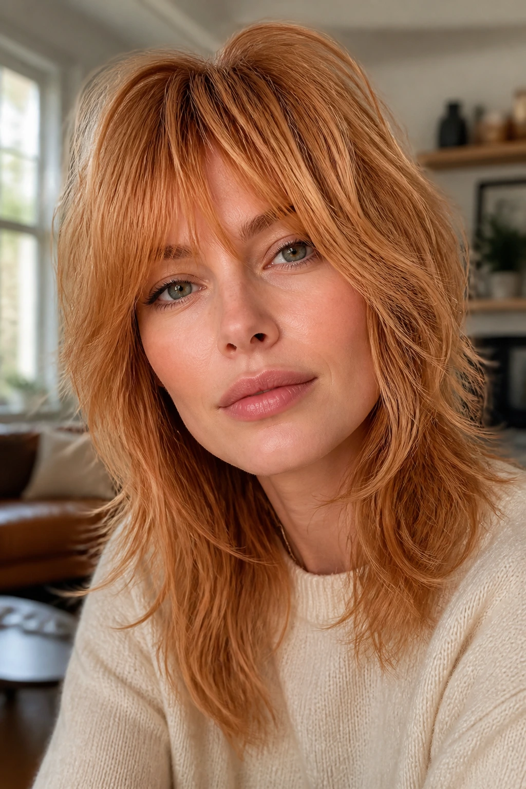 Real woman with strawberry blonde shag hairstyle