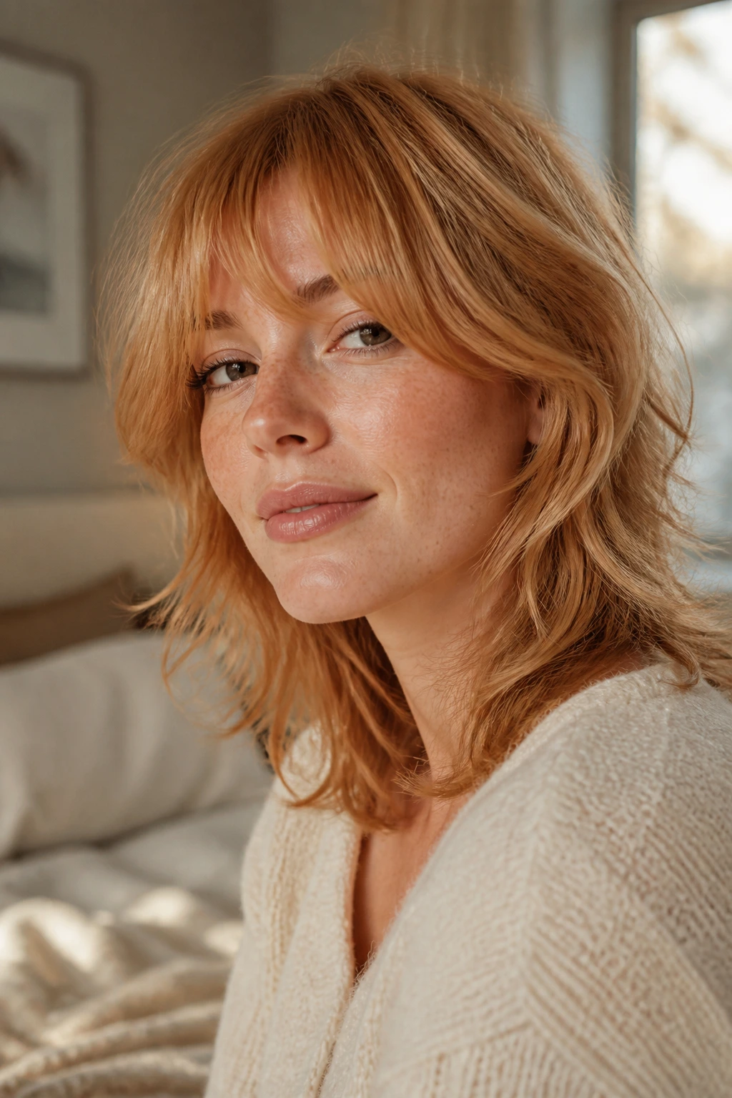 Close-up portrait of a real woman with strawberry blonde shag and soft fringe