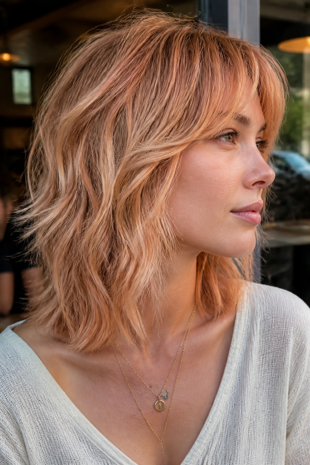 Side-profile portrait of a real woman with strawberry blonde blend in a medium shag