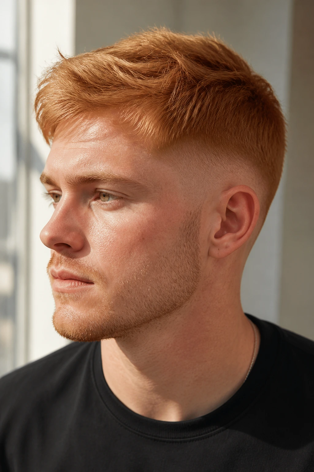 Close-up of a person with strawberry blonde temple fade.