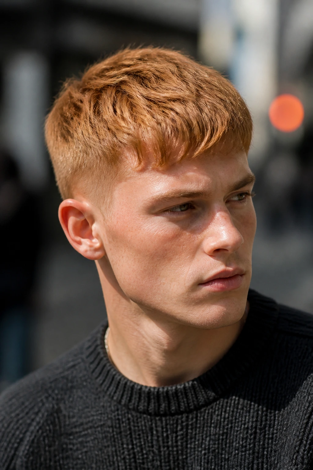 Man with strawberry-blonde textured crop in sunlit outdoor setting