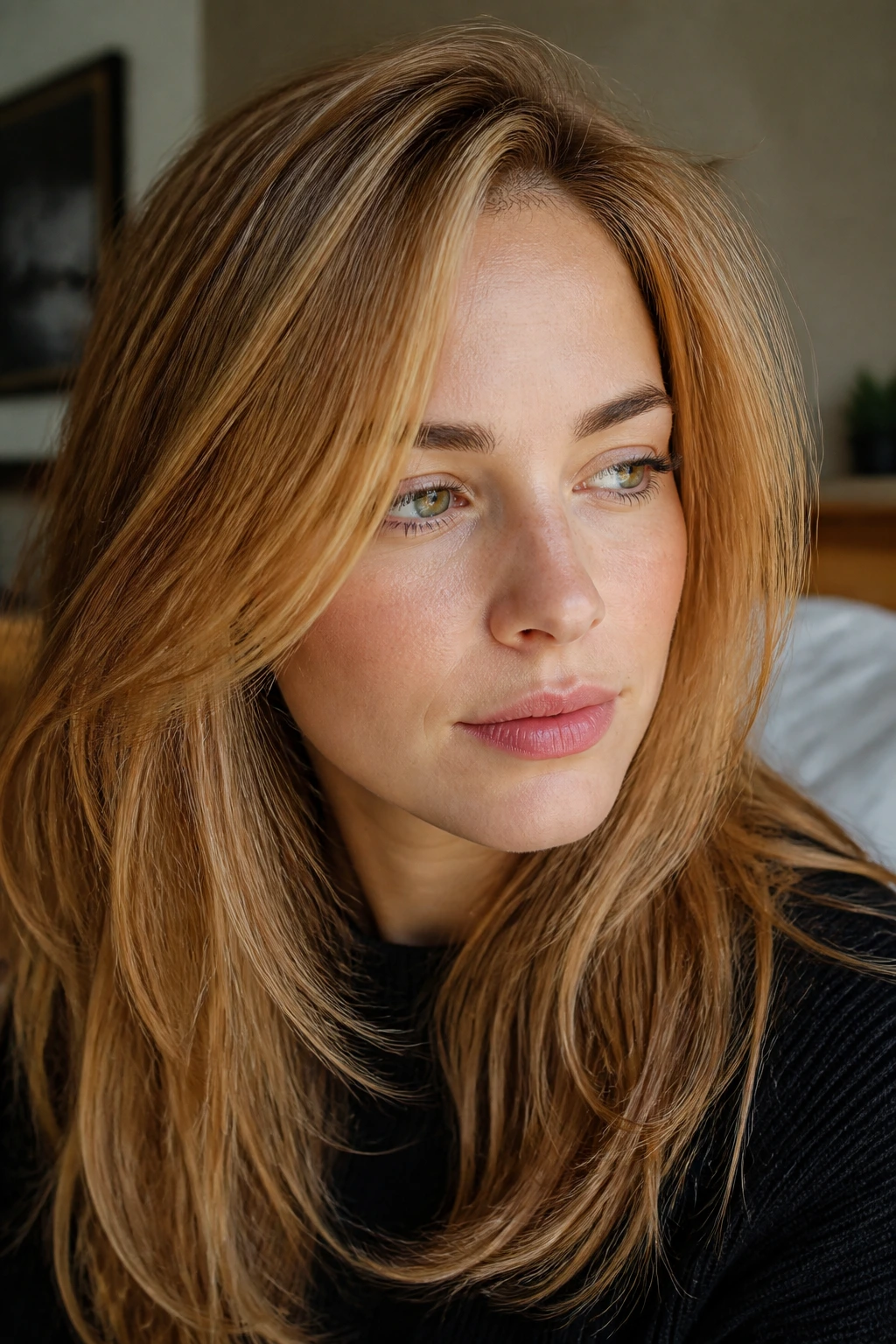 Close-up of hair with strawberry blonde threads woven through the front and upper layers