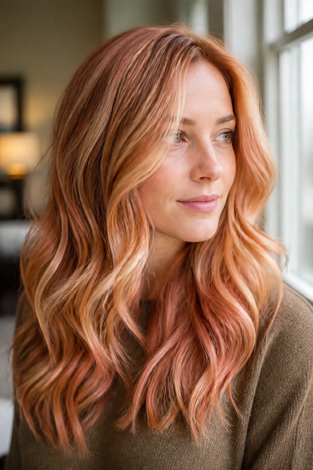 Close-up of a real person with multi-tone strawberry blonde hair in natural light
