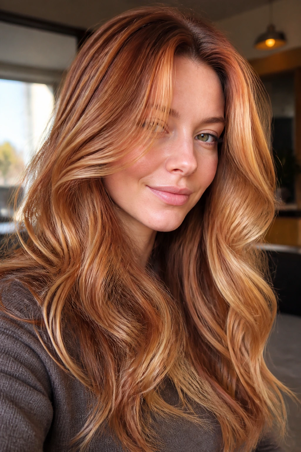 Portrait of a person with layered strawberry blonde showing varied tones across hair.