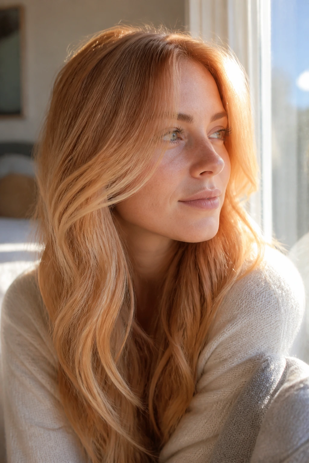 Close-up of strawberry blonde veil balayage on soft waves