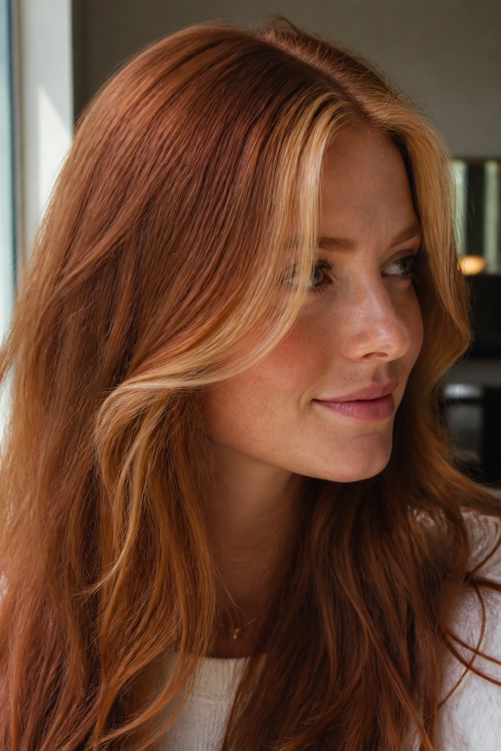 Redhead with delicate strawberry blonde veils around temples.