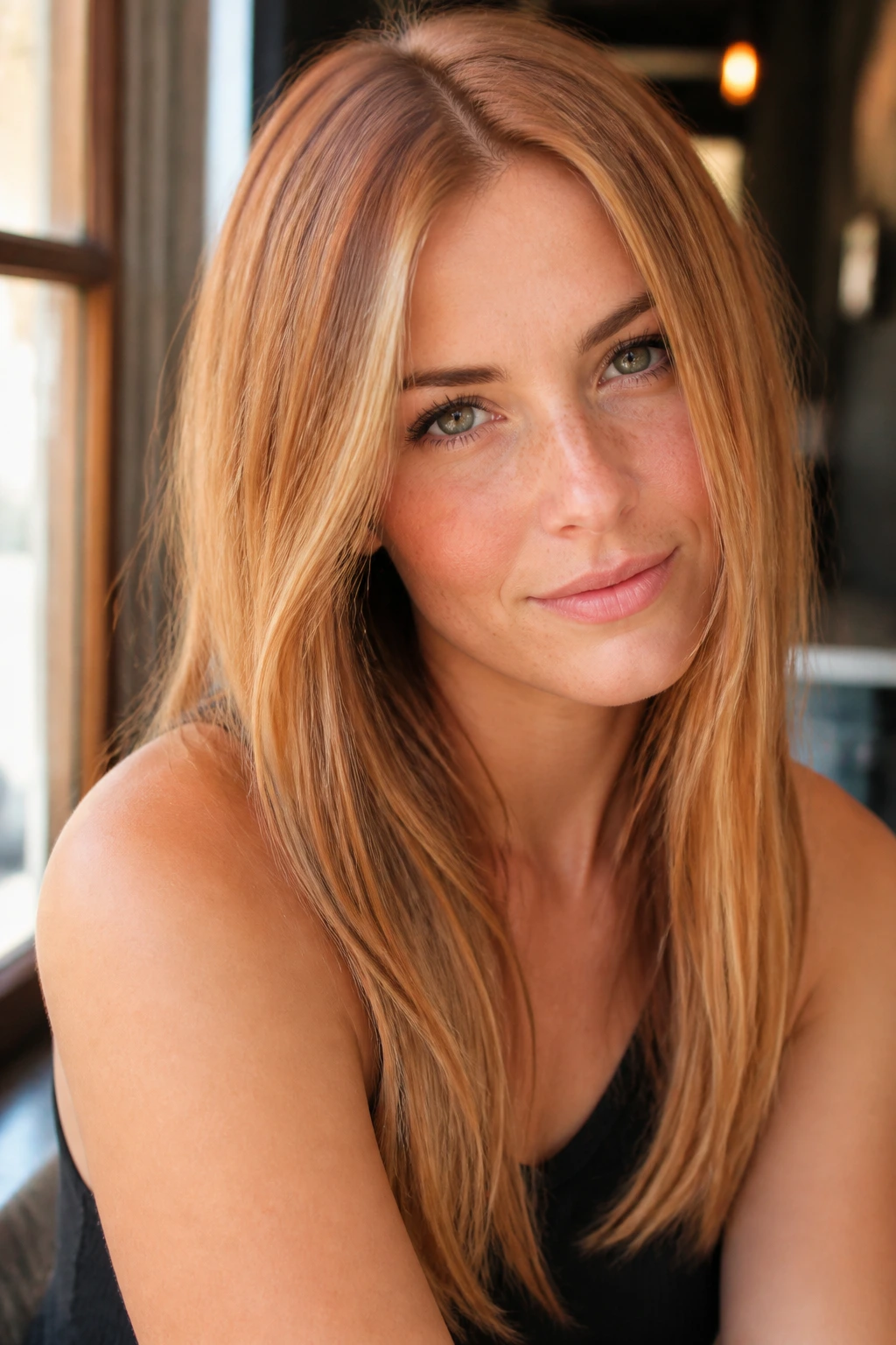 Portrait of straight hair with strawberry blonde veils for warm glow