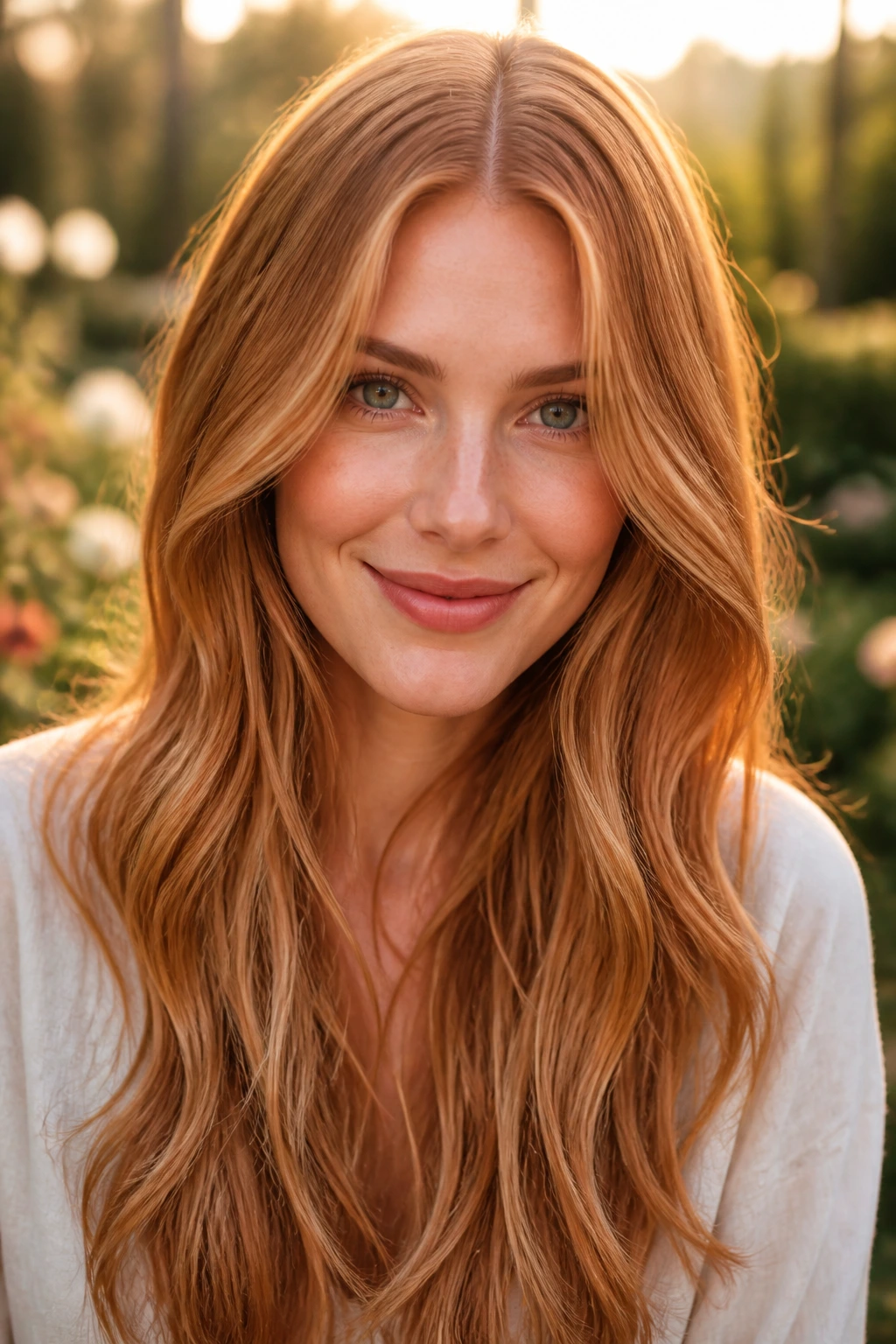 Strawberry blonde dimension on warm base hairstyle close-up