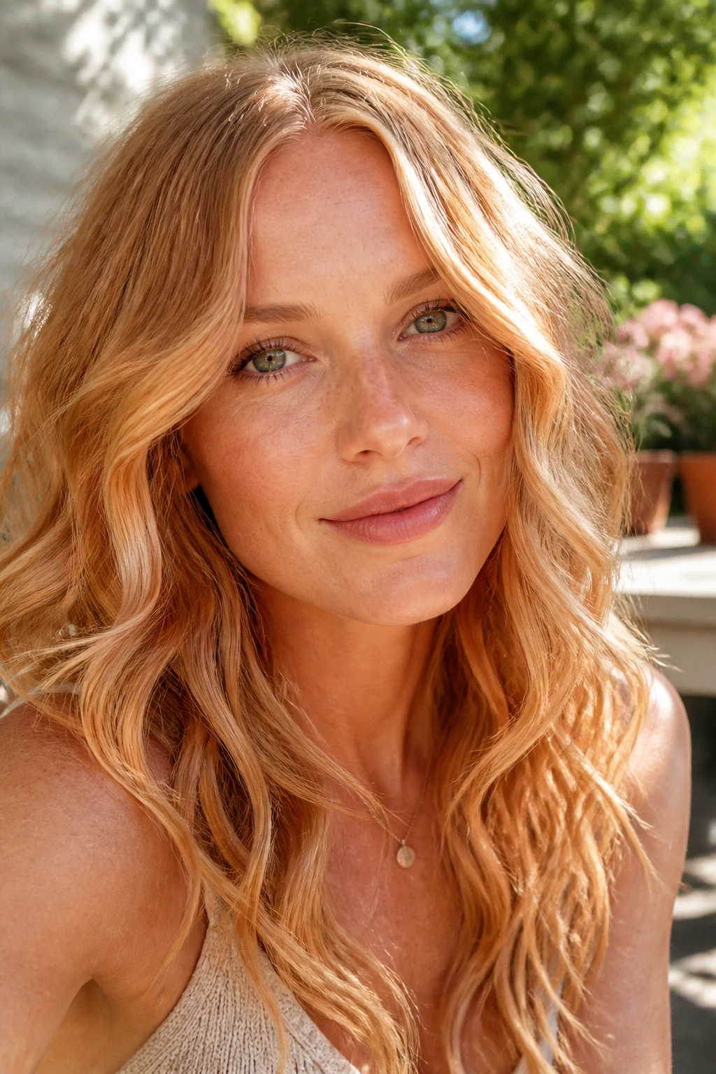 Portrait of a real woman with strawberry blonde waves and pink undertones.