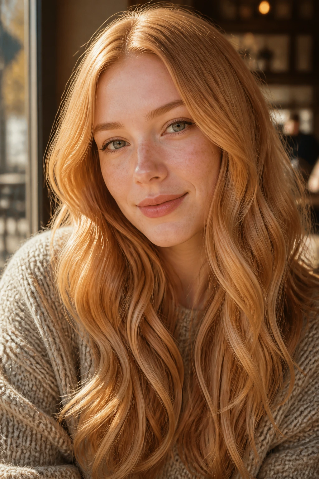Close-up of a real woman with strawberry blonde waves in sunlit window light