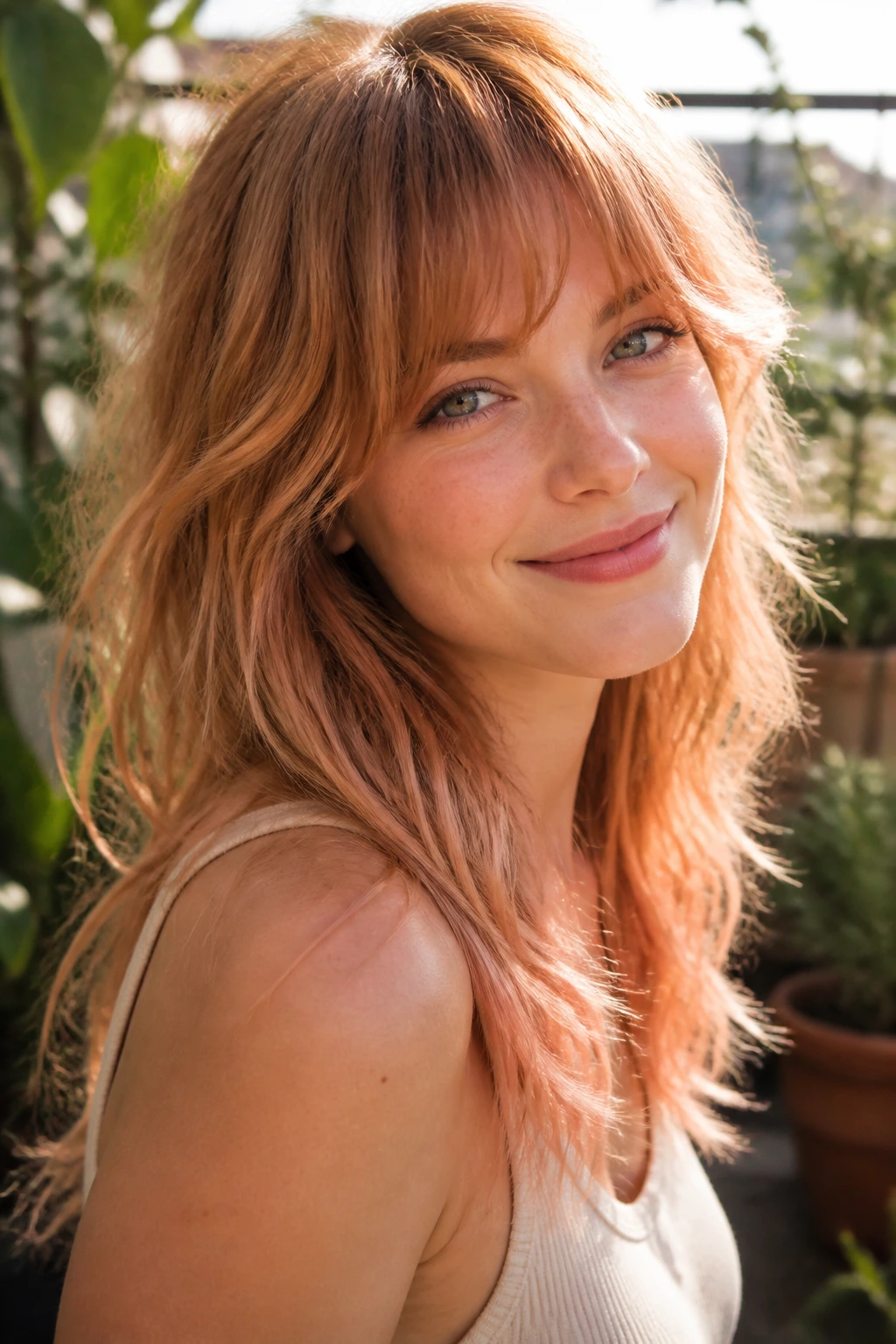 Close-up portrait of a real person with strawberry blonde wolf cut and peachy ends.