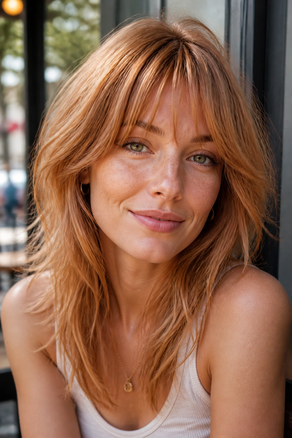 Close-up of a real woman with strawberry blonde wolf cut and airy fringe, soft light.