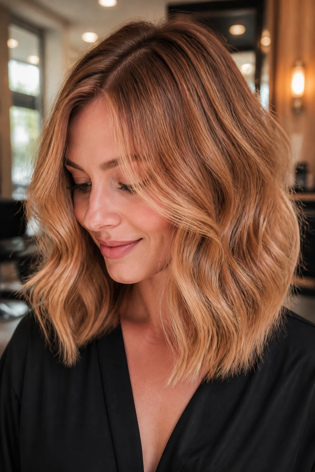 Real woman with strawberry bronde balayage on wavy hair, warm window light