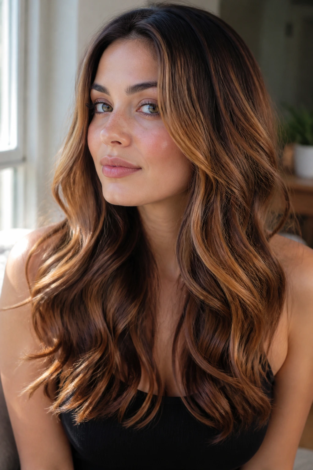 Close-up of a real woman with strawberry bronde highlight around the face
