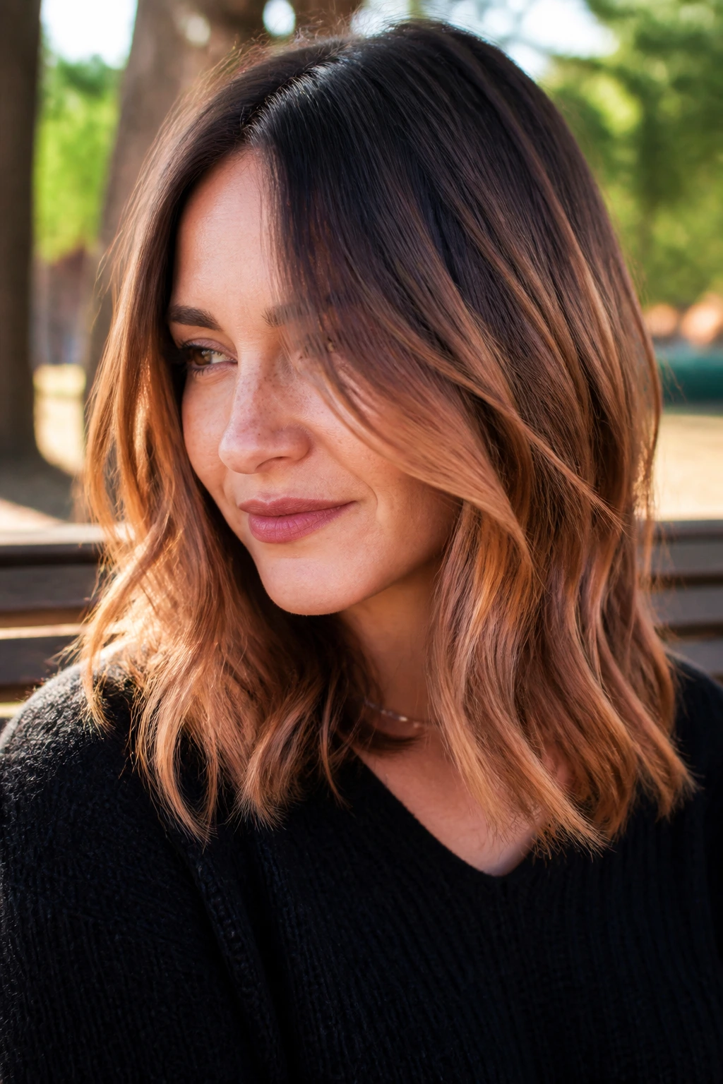 Real woman with strawberry bronde shoulder-length ombre hair.