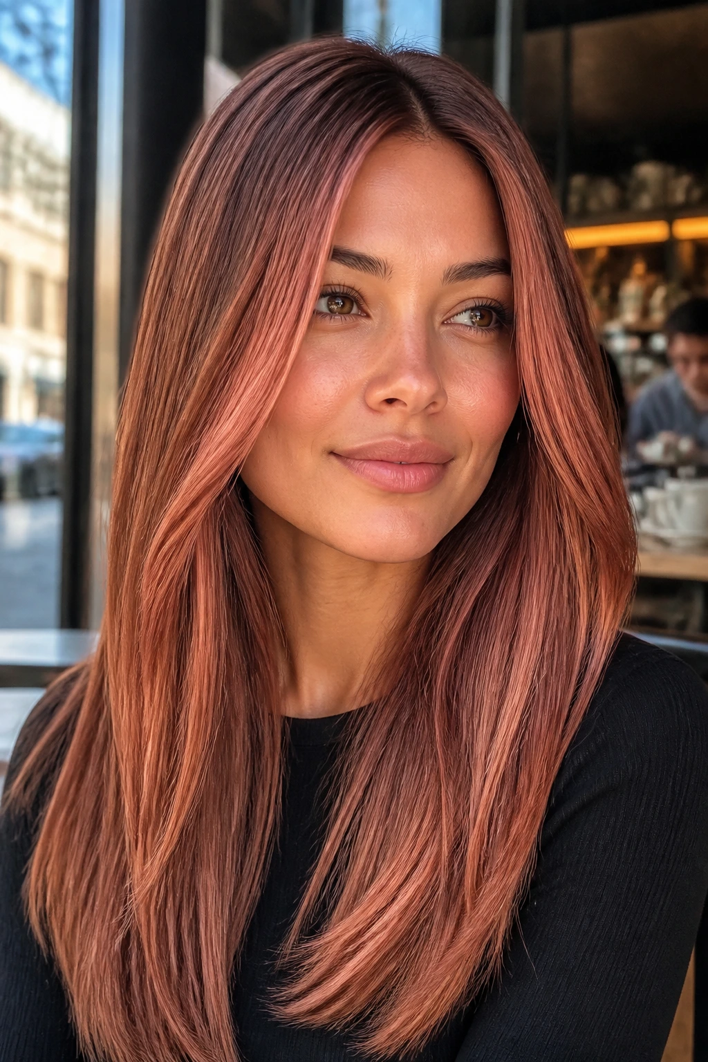 Close-up of a real woman with strawberry bronze balayage on straight hair in warm outdoor light.