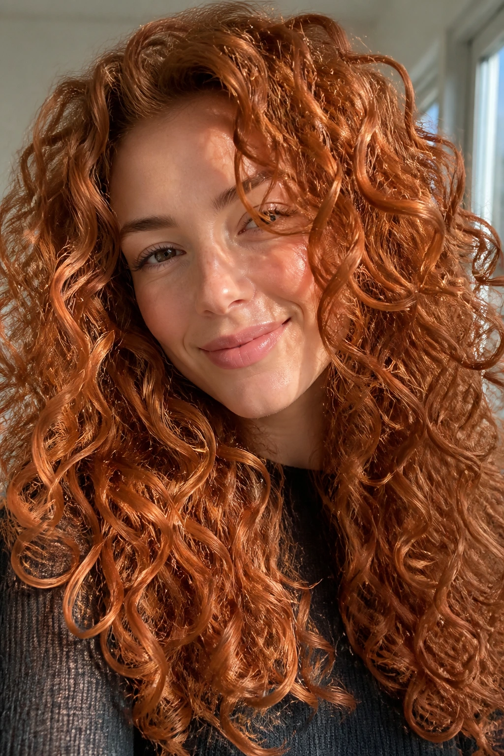 Close-up of curly hair in strawberry bronze color catching natural light