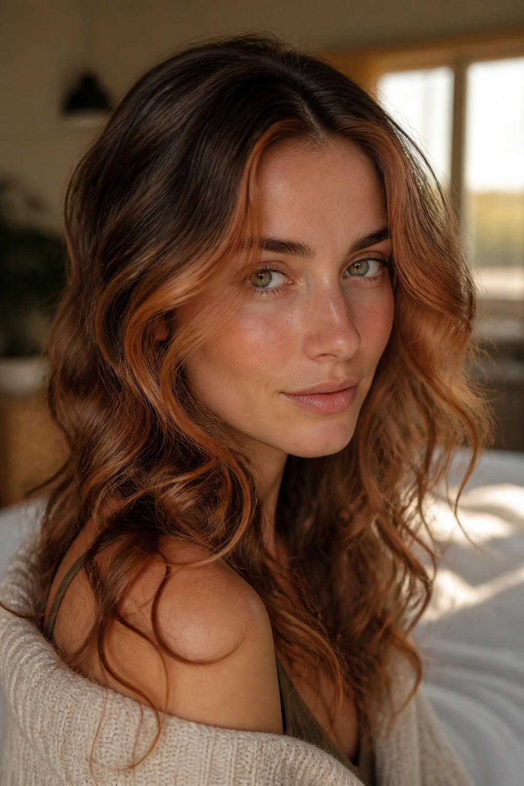 Real woman with strawberry bronze front light on wavy hair, close-up portrait.