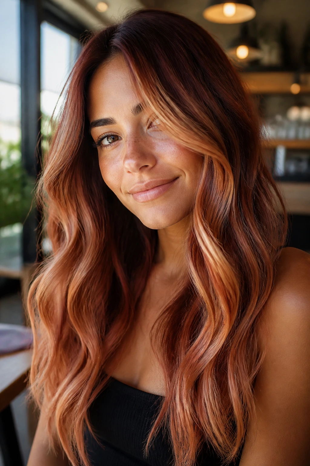 Real person with strawberry brunette balayage and apricot light on long hair