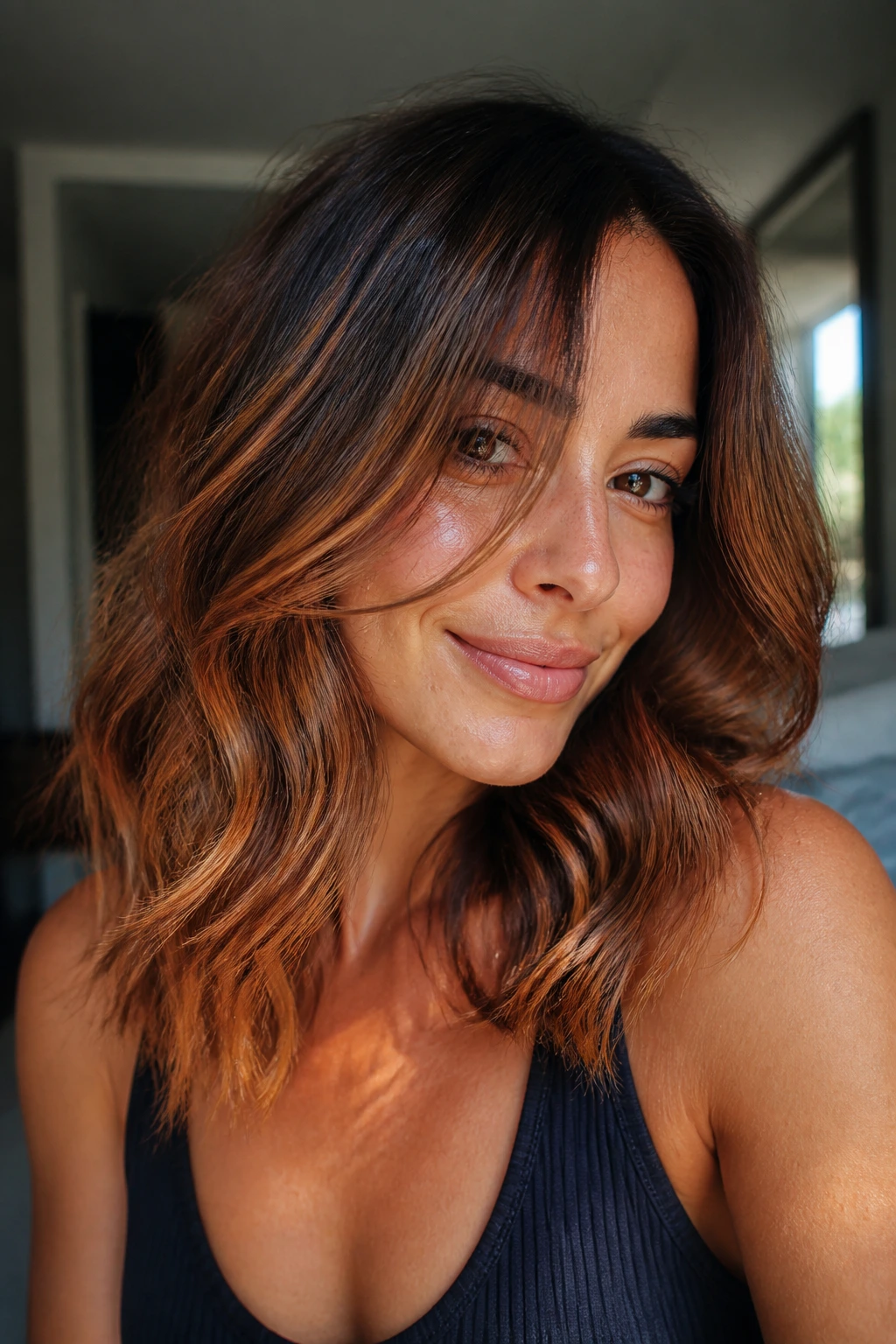Close-up of a real woman with strawberry brunette balayage on medium-length hair