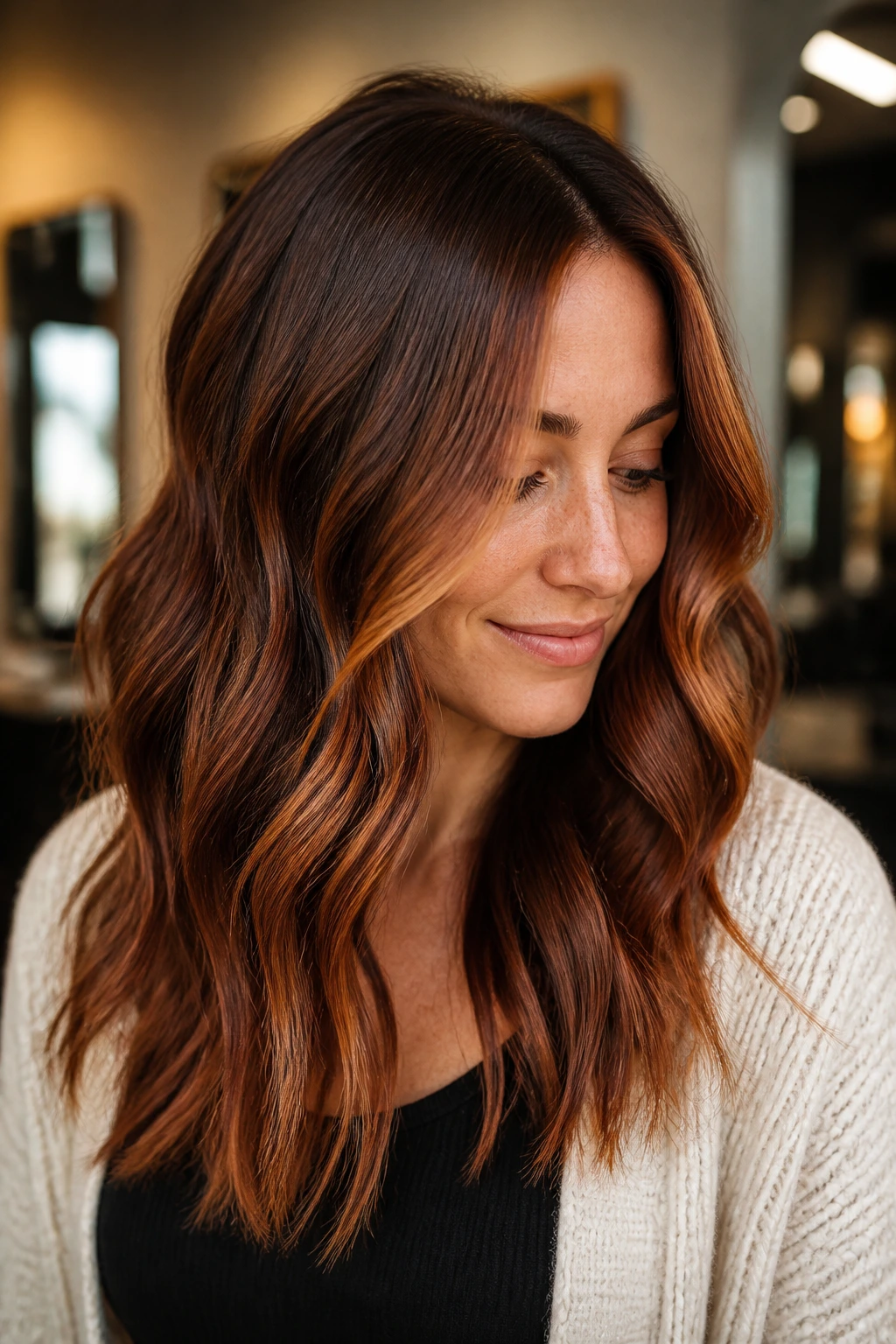 Close-up portrait of a real woman with strawberry brunette foilayage and copper threads in warm salon light