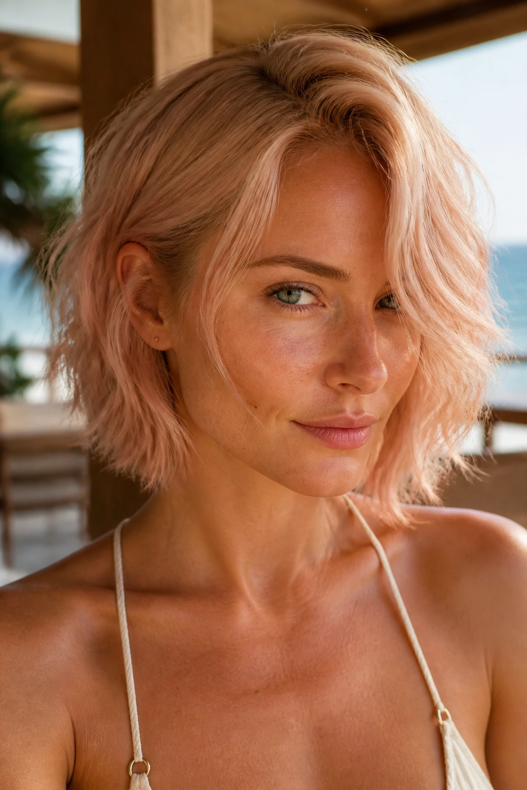 Woman with a strawberry champagne blonde short bob in warm outdoor light.