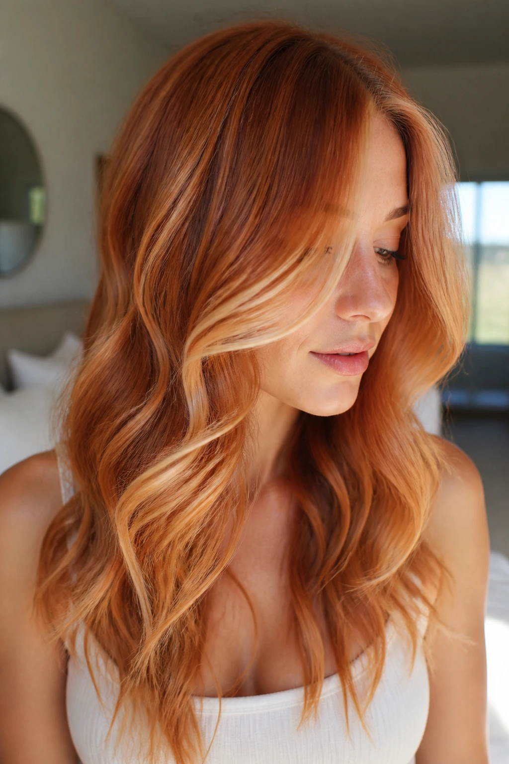 Close-up of a real person with strawberry copper balayage around the face in sunlit light.