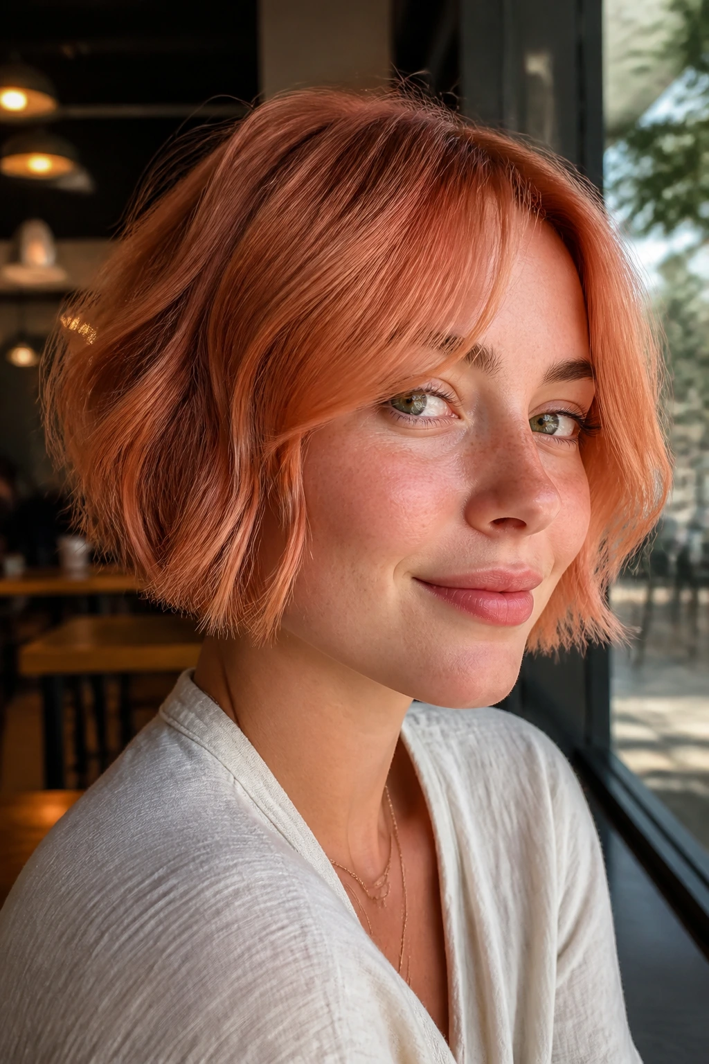 Portrait of real person with strawberry copper bob in sunlit cafe