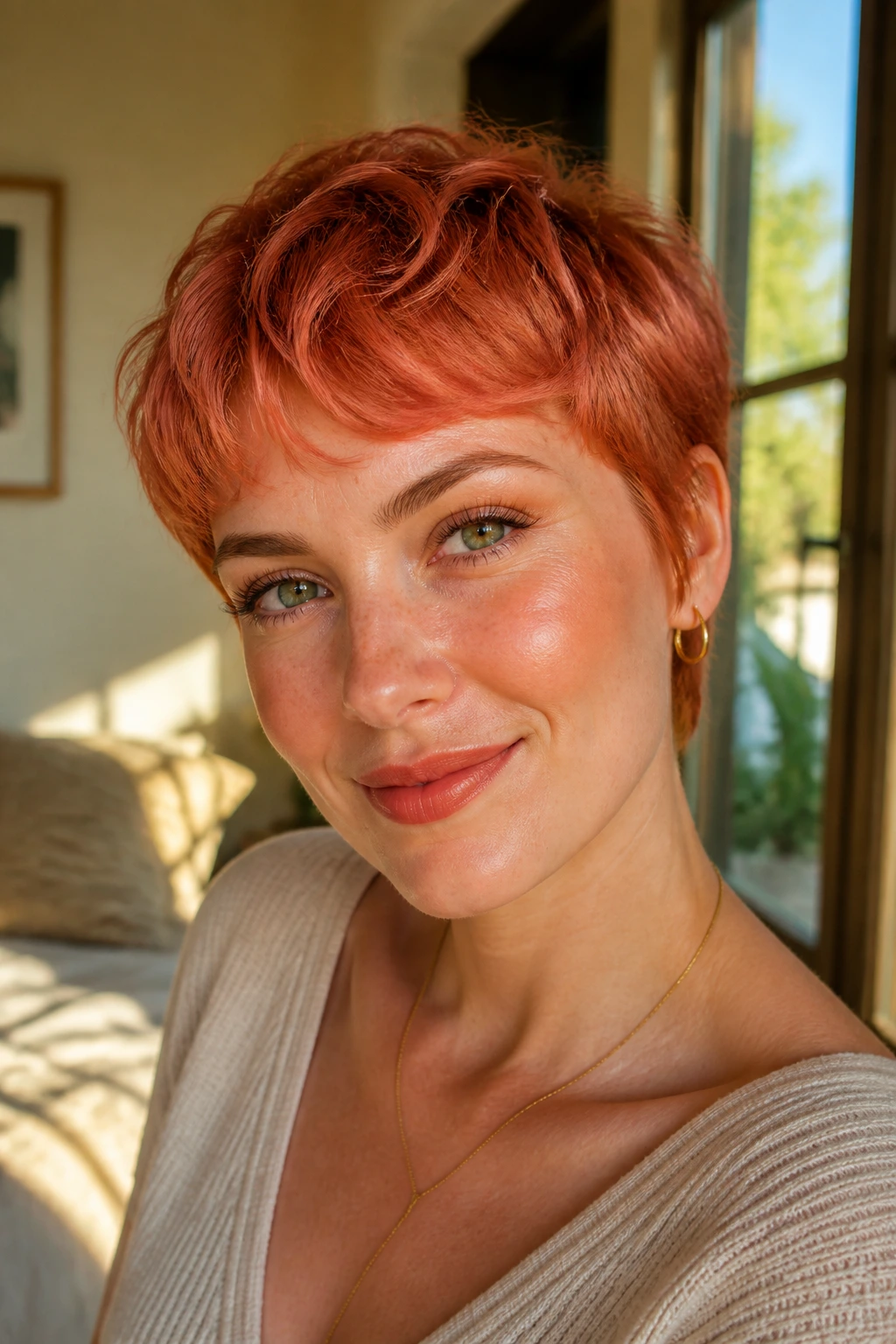 Real person with strawberry copper crop in sunlit room