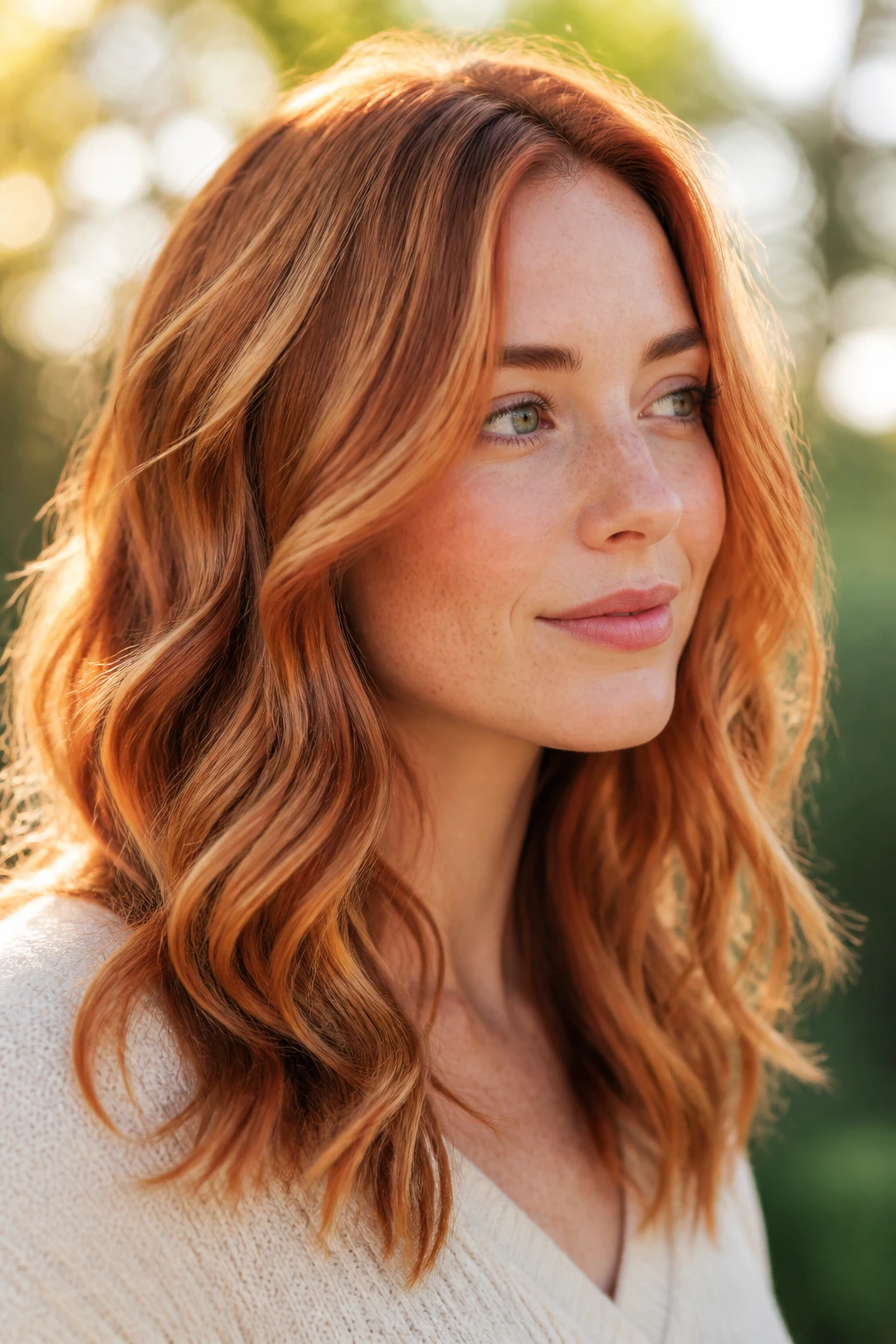 Close-up of a real woman with strawberry copper highlights on medium-length wavy hair
