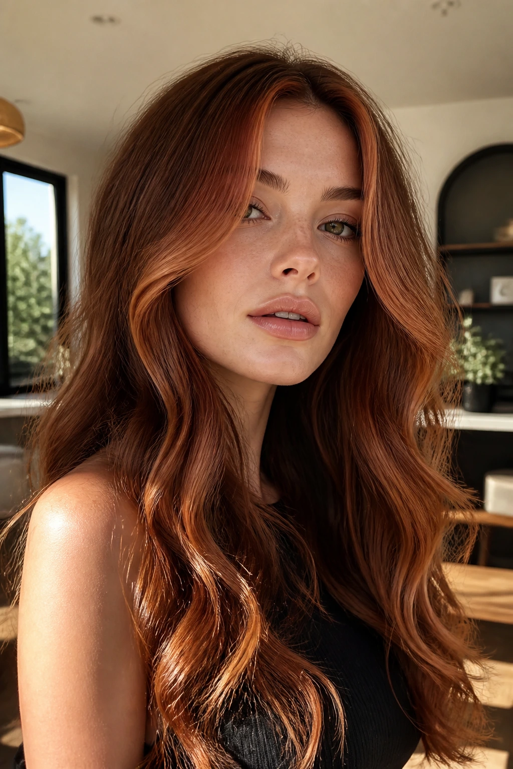 Close-up of face-framing strawberry copper strands on long wavy hair