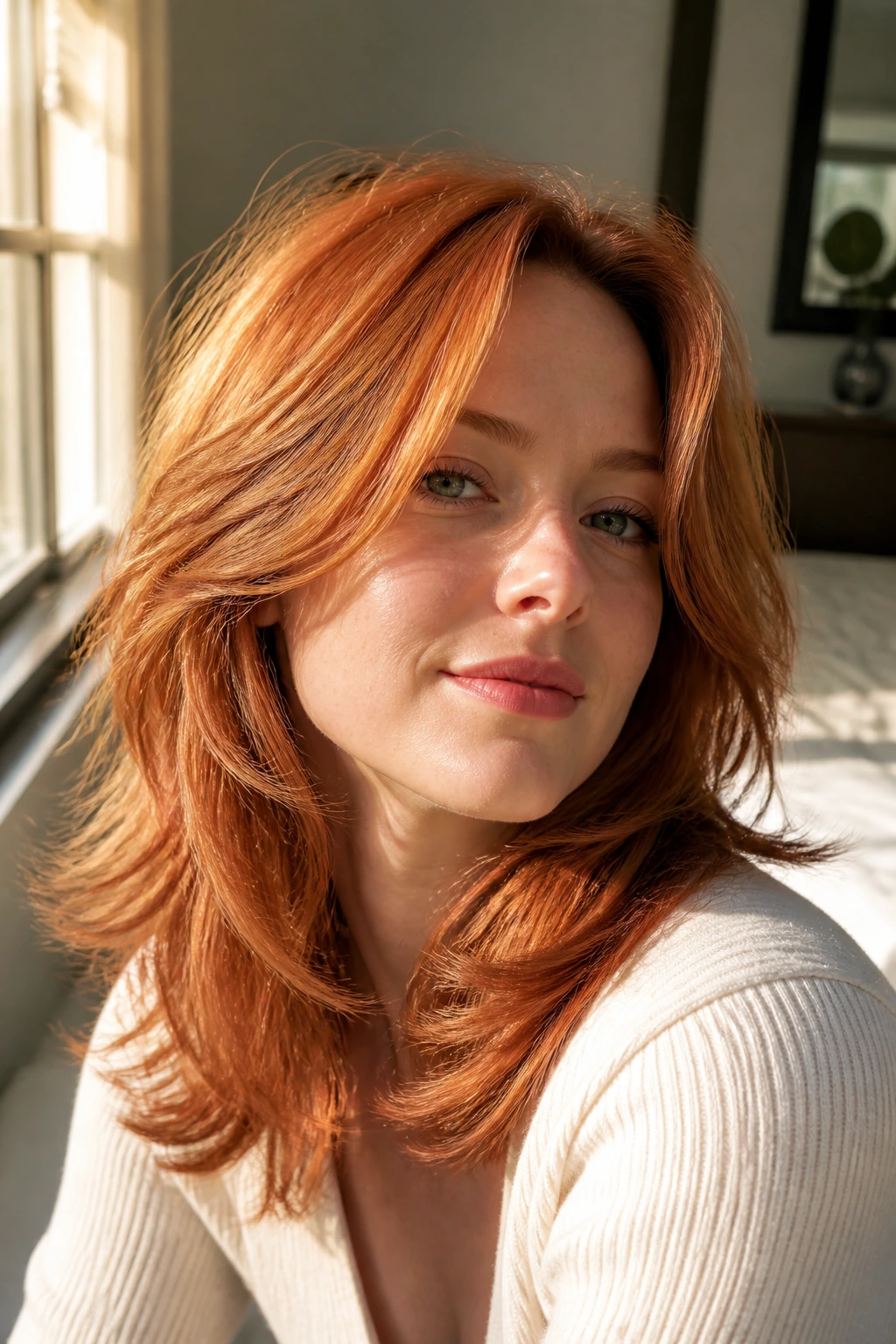 Close-up portrait of a real woman with strawberry copper hair and airy layers by a sunlit window