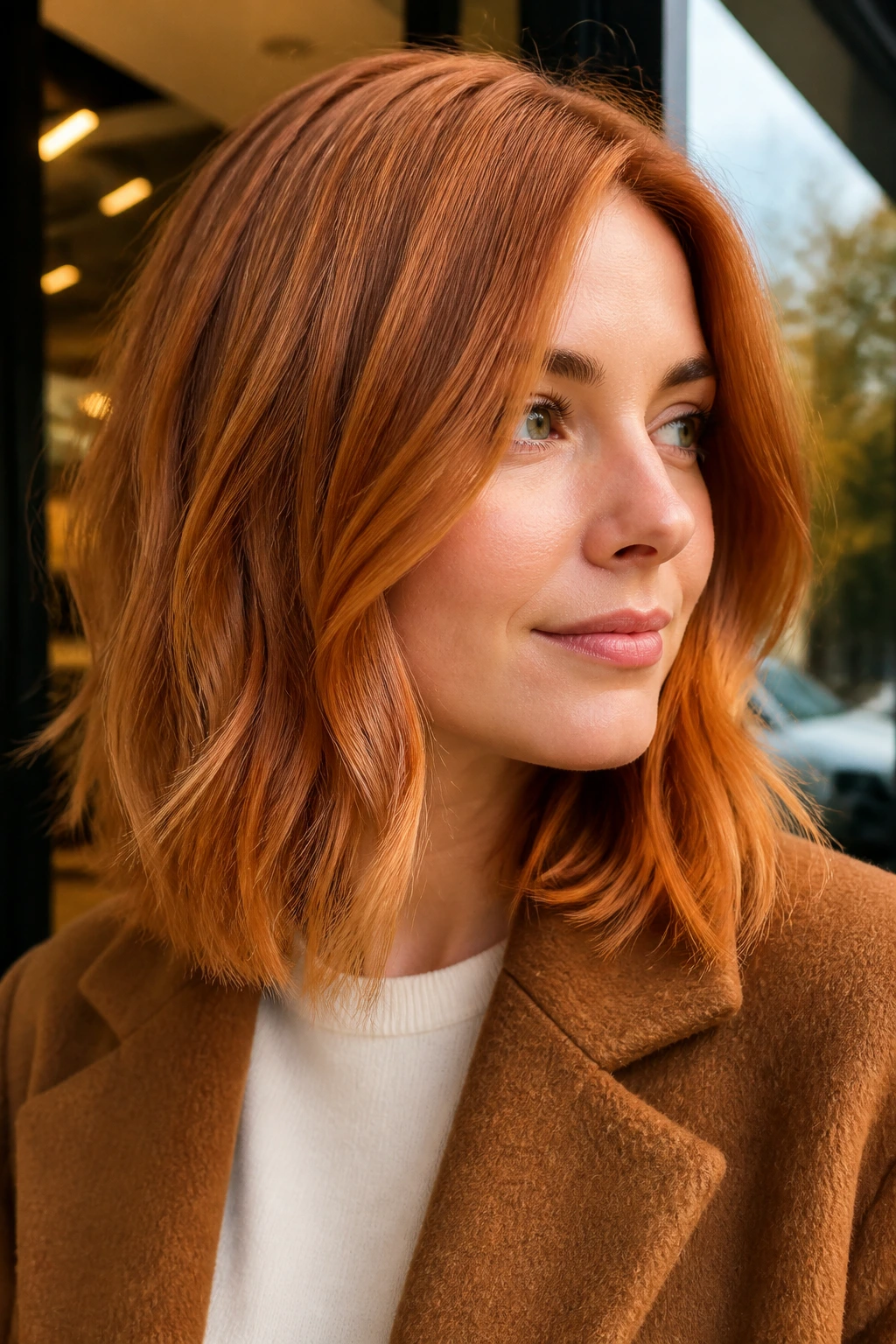 Real woman with strawberry copper lob in autumn light