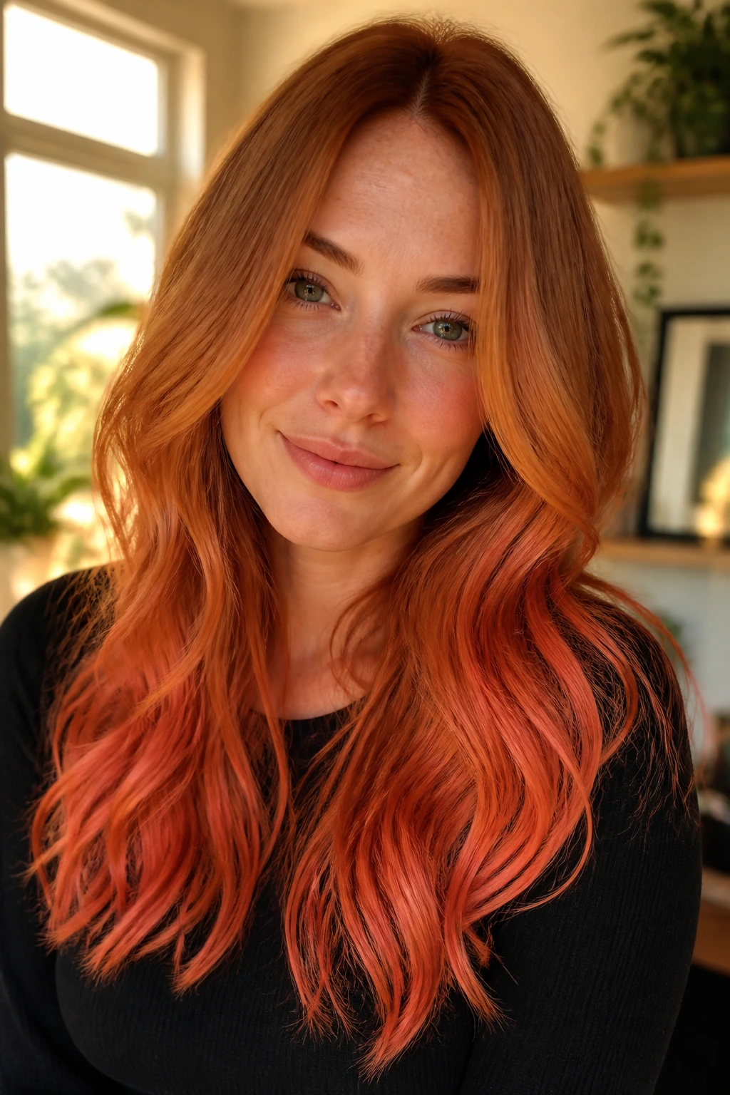 Close-up of long hair with strawberry copper melt gradient.