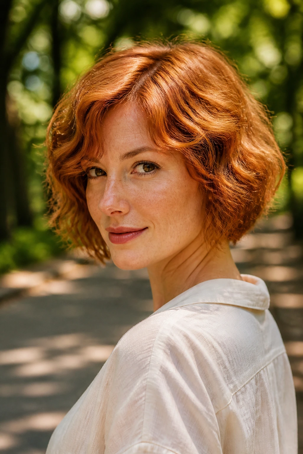 Real woman with strawberry copper waves in natural outdoor light