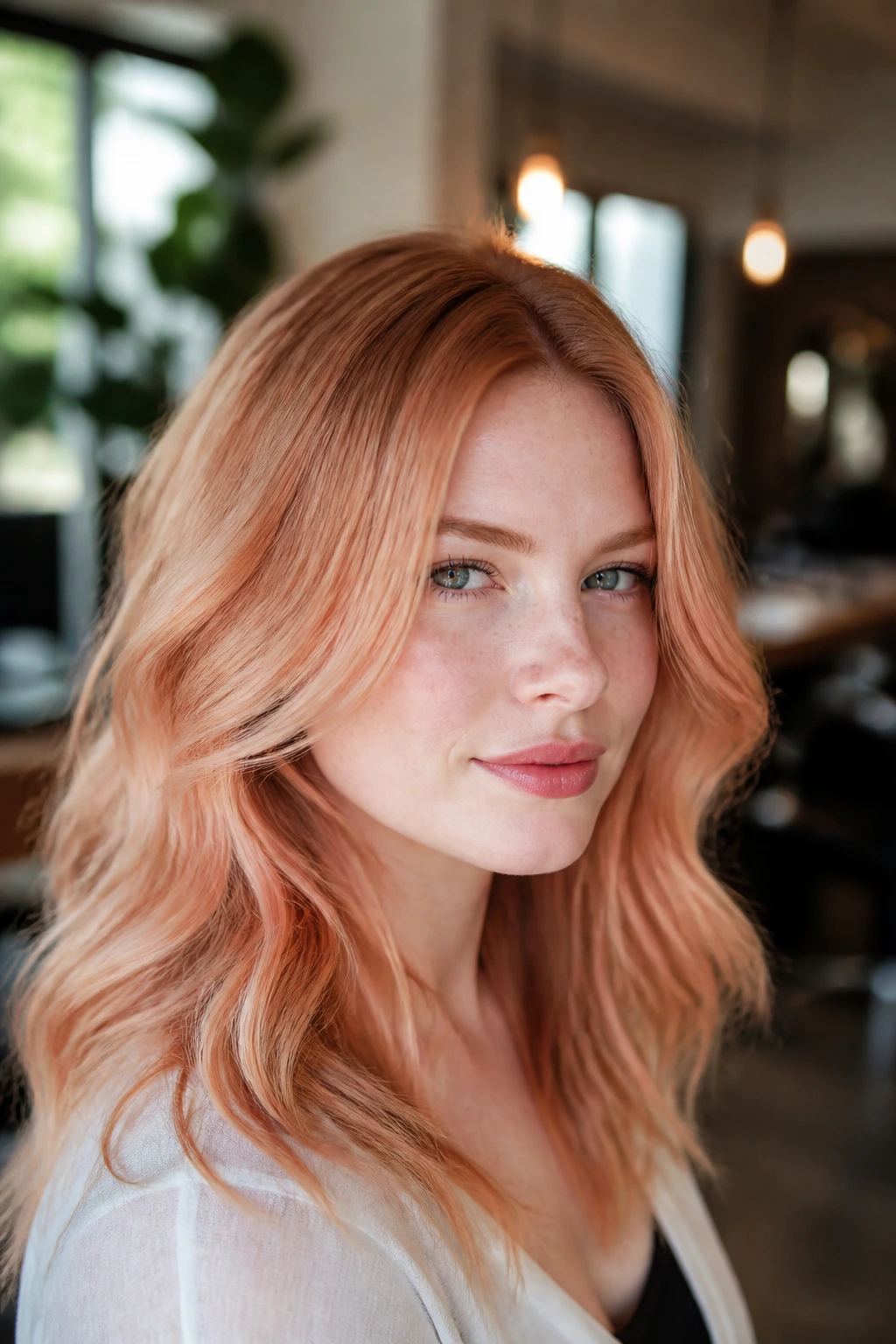 Strawberry coral blonde hair on pale skin in bright warm light