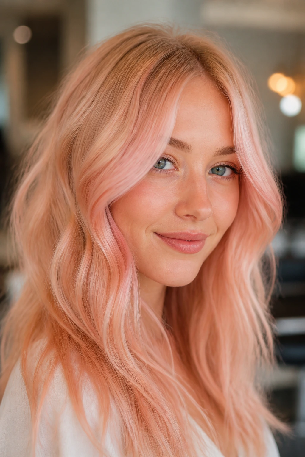 Close-up of strawberry cream blonde with peach glaze