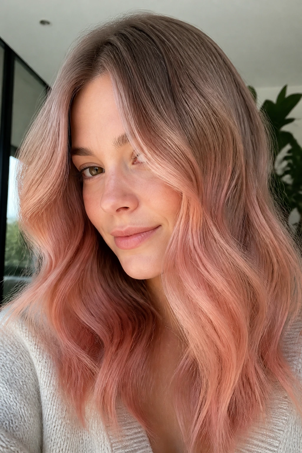 Close-up of strawberry cream melt hair with pale brunette to peach mids and creamy strawberry ends