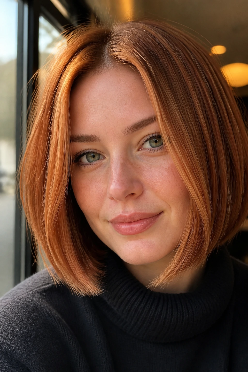 Close-up of a real person with strawberry ginger bob lights
