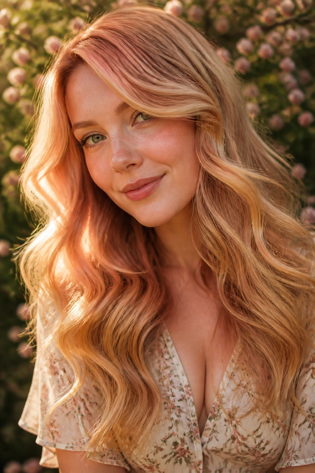 Close-up of a real woman with strawberry-gold blonde hair in spring sunlight