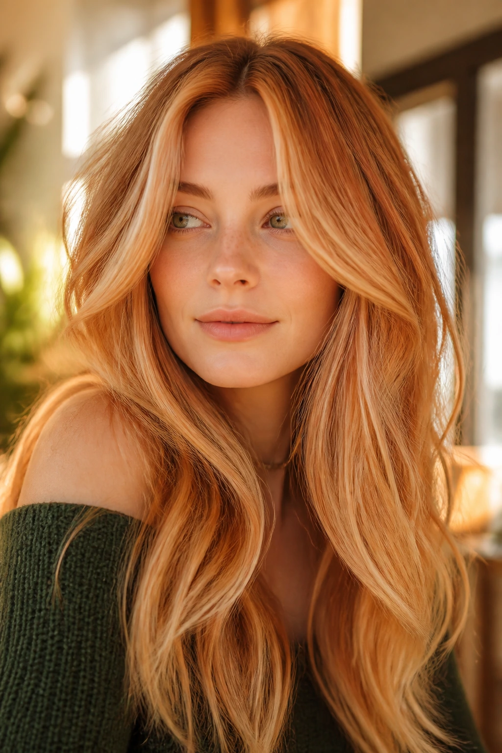 Close-up of a woman with strawberry melt hair showing golden root and strawberry tones