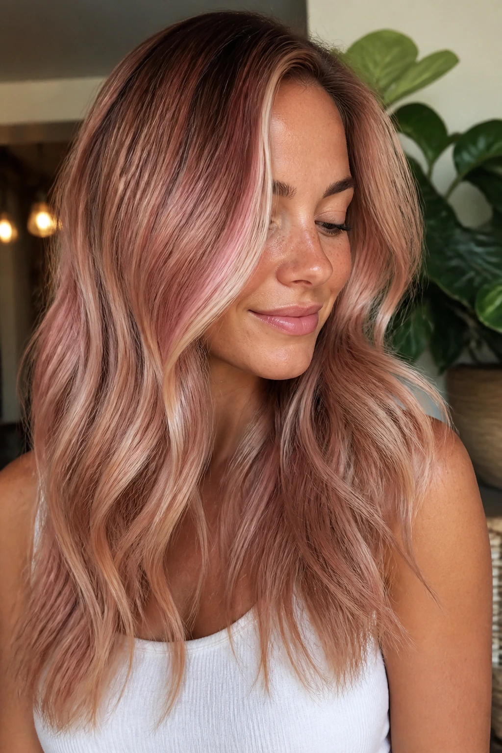 Close-up of a real woman with strawberry milkshake balayage featuring pink tones