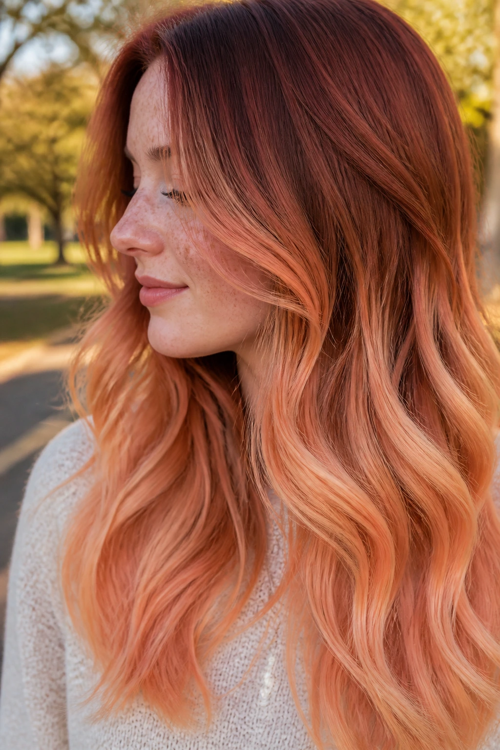 Close-up of a real person with long strawberry ombre hair fading from root to ends in sunlight.