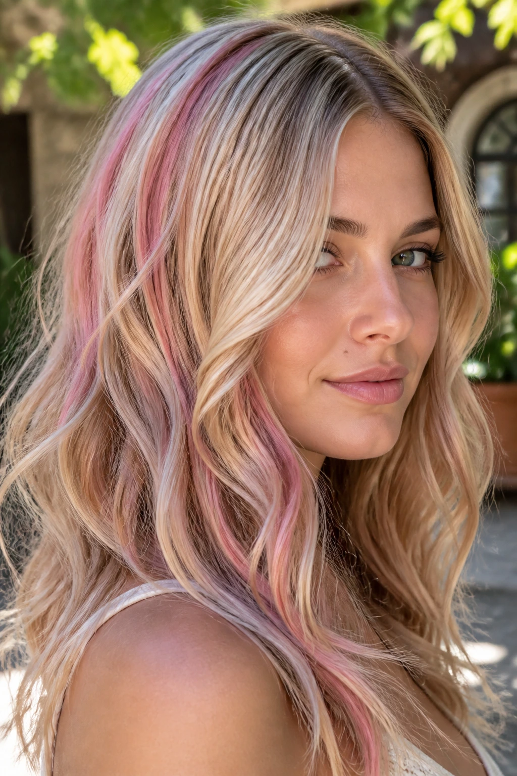 Woman with creamy blonde waves and strawberry-rose ribbons woven through hair
