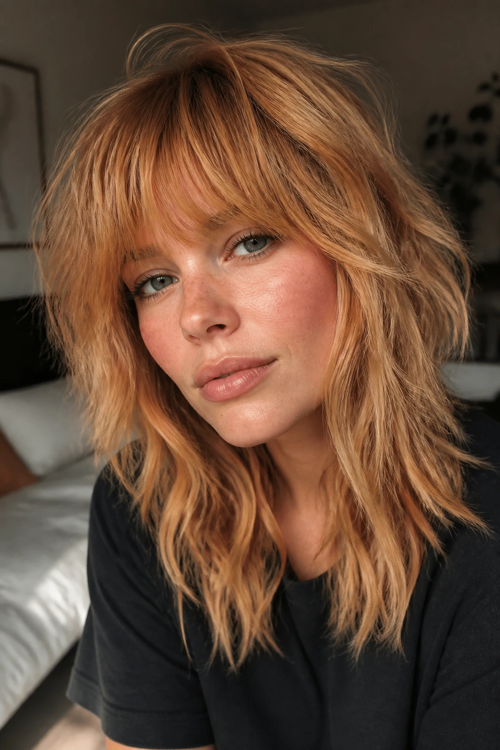 Close-up of real woman with strawberry blonde strawberry shag hairstyle with layered fringe.