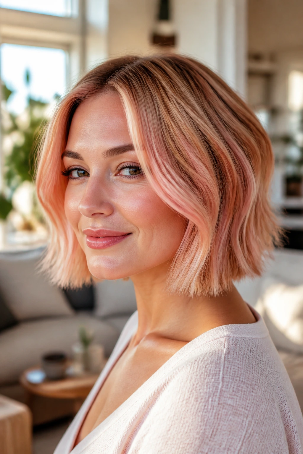 Close-up of real woman's bob with strawberry shortcake balayage tones